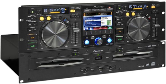 A fully featured modern dual DJ CD player from Pioneer. Note the two separate sections, both 19 rack mountable.