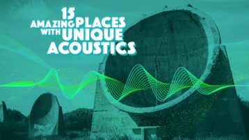 A large parabolic sound mirror with sound waves illustrated, representing unique acoustic locations.