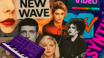 Collage of iconic synth-pop and new wave artists from the 1980s, featuring vintage synthesizers, MTV logo, and bold text reading "New Wave" and "Synth."