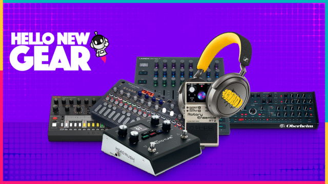 Hello New Gear August 2025 – headphones, synthesizers, drum machine, MIDI controller, and effects pedals on a vibrant background