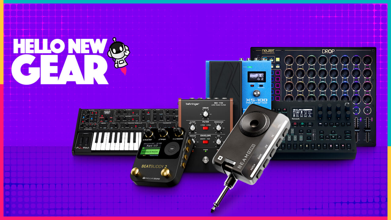 Hello New Gear October 2025 - Our Picks of new music production gear including synthesizers, effects pedals, drum machines, audio interfaces, and controllers on a colorful tech-themed background with 'Hello New Gear' logo.