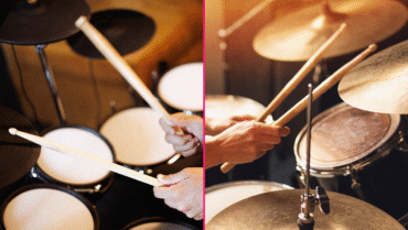 Side-by-side comparison of electronic and acoustic drum kits being played