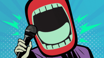 A vibrant comic-style illustration of a singer with an exaggerated open mouth, holding a microphone, symbolizing powerful vocals and stage energy.