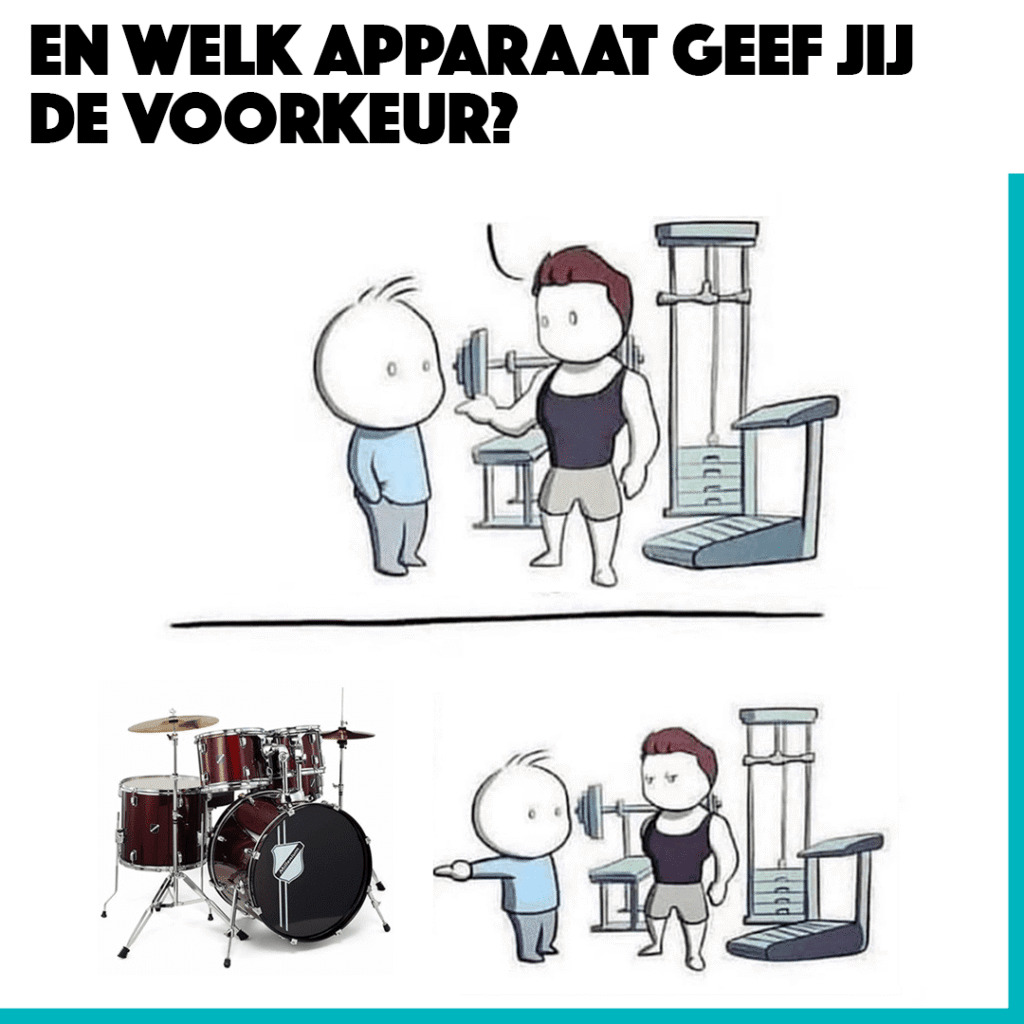 Een grappige meme waarin een sportschoolganger vraagt welk apparaat de ander verkiest. In plaats van een fitnessapparaat wijst hij naar een drumstel, wat zorgt voor een humoristisch contrast.