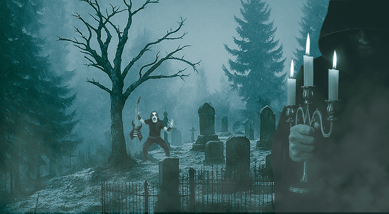 Sombere begraafplaats met een gitarist in corpse paint en een gehulde figuur met een kandelaar, als weerspiegeling van de donkere subgenres van metalmuziek – van doom tot black metal.