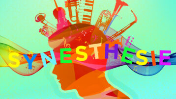 Illustratie van een kleurrijk menselijk hoofd in silhouet met muziekinstrumenten en noten, die synesthesie en de vermenging van zintuigen verbeelden