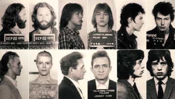 Collage van legendarische mugshots van rocksterren en de verhalen erachter, waaronder Jim Morrison, David Bowie, Johnny Cash en Mick Jagger
