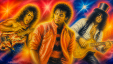 Illustratie van Michael Jackson samen met legendarische gitaristen Eddie Van Halen en Slash, als eerbetoon aan iconische muzikale samenwerkingen.