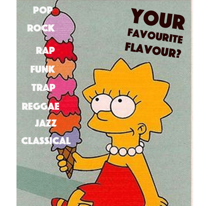 Lisa Simpson with a tall ice cream cone. Each scoop is labelled with a different musical genre.