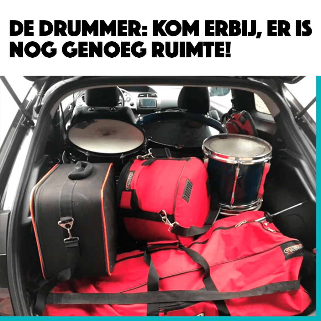 Een klassiek muzikanten-grapje: terwijl gitaristen en zangers licht reizen, heeft de drummer altijd de meeste spullen om mee te slepen!