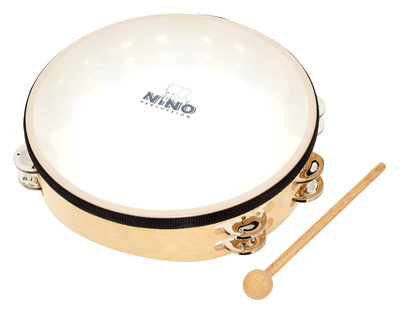 26 Wood Tambourine, NINO Holztambourine mit 16 Nickelsilber Schellen, Zweireihige Version, Weisses Fell aus Plastik, 10"" Durchmesser, LGA