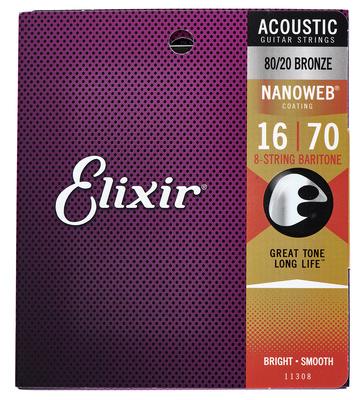 Elixir Nanoweb Baritone 8 String įvairios akustinės gitaros stygos