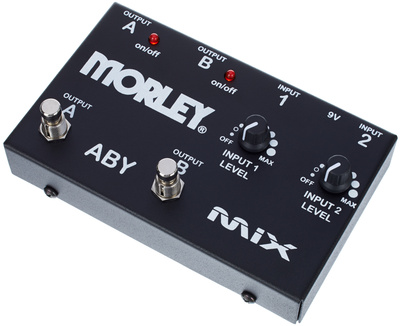 ABY Mix, Schalter, routet 2 Eingangssignale auf 2 Ausgänge, jeder Eingang hat unabhängige Lautstärkeregler, 2 Fußschalter ermöglichen die