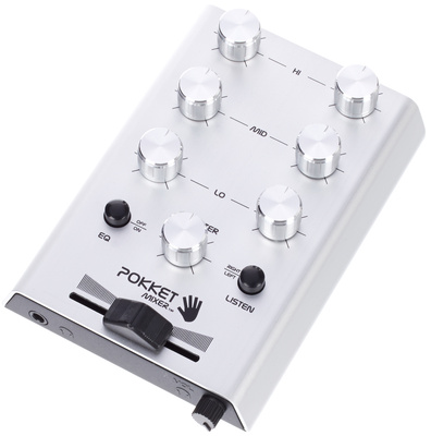 pokketmixer Silver, portabler 2-Kanal Passiv-Mixer, Crossfader, 3-Band Equalizer pro Kanal mit Ein/Aus Taster, Vorhör-Funktion Links/Rechts, 2x