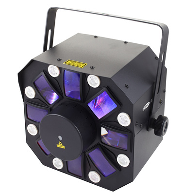 Dominator, 3-in-1-Effektstrahler mit 8 leistungsstarken weißen Blitz-LEDs, einem 200mW-RG-Lasermodul und einem RGBWA-LED-Lichteffekt mit einer