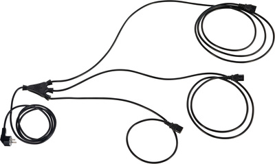 Mains Splitt IEC Cable, Y-Netzleitung H05VV-F 03G1,0² Schutzkontakt auf 3x Kaltgeräte 1/2/3m, Gesamtlänge: 5m; Max: 10A