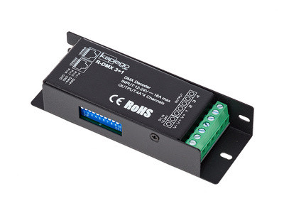 Kapego DMX 512 Driver für LED. Dieses Gerät ist die Stromversorgung und Adressierungseinheit für Kapego LED Produkte, die mittels 4 Drähten (R,G,B,V+)