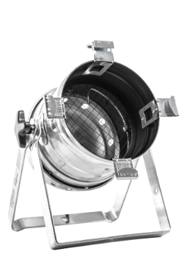 PAR 64 Floor poliert, Scheinwerfergehäuse mit 2 Standbügeln. Dieser Scheinwerfer wird für den Bodeneinsatz verwendet. Es besteht die