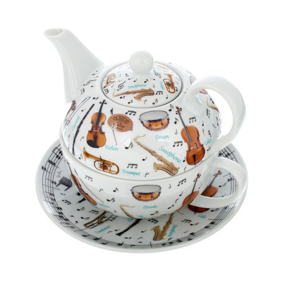 Edle Porzellan-Jumbotasse mit Unterteller (Durchmesser 15,5 cm) und Teekännchen aus der Leonardo Collection Making Music Serie. Motiv: